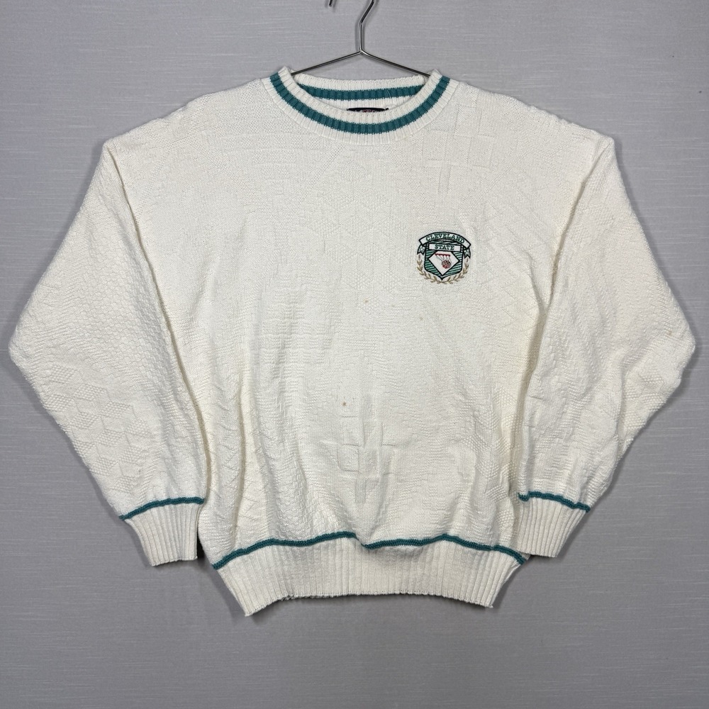 Vintage Cleveland State Sweater Men L Ivory Cable Knit Nutmeg Basketball Stained